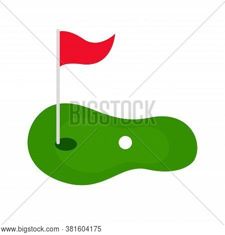 Golf Course Green With Flag And Golf Ball Icon Vector Color. Golf Flag With Hole And Ball Isolated O