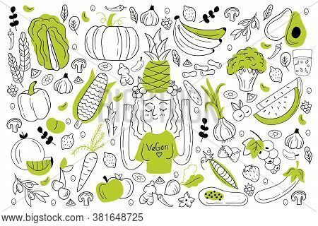 Vegan Food Doodle Set. Collection Of Hand Drawn Sketches Templates Of People Vegans Dieting Eating N