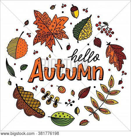 Autumn Season Banner. Hello Autumn Background With Fall Leaves In A Circle. Foliage Of Yellow, Orang