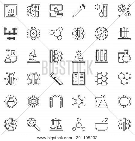 Science And Chemistry Vector Concept Outline Icons. Chemistry Lab Symbols In Thin Line Style