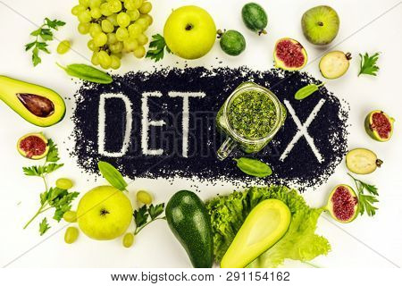 Concept Of Diet, Word Detox Is Made From Black Cumin Seeds. Green Smoothies And Ingredients. Aavakad