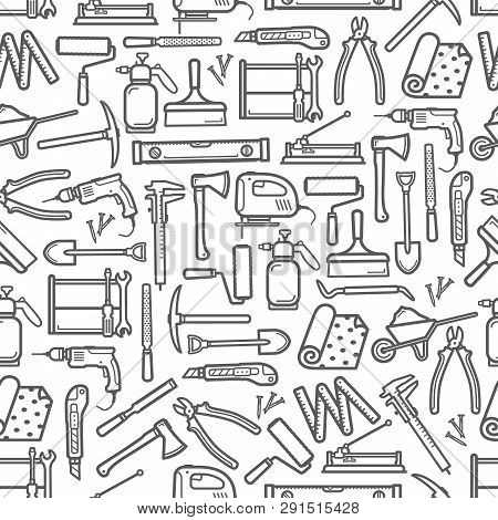 Construction Diy Tools Seamless Pattern. Vector Thin Line Tools Icons Background Of Handyman Carpent