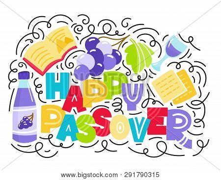 Passover Greeting Card Jewish Holiday Pesach . Hebrew Text: Happy Passover. Doodle Style Vector Illu