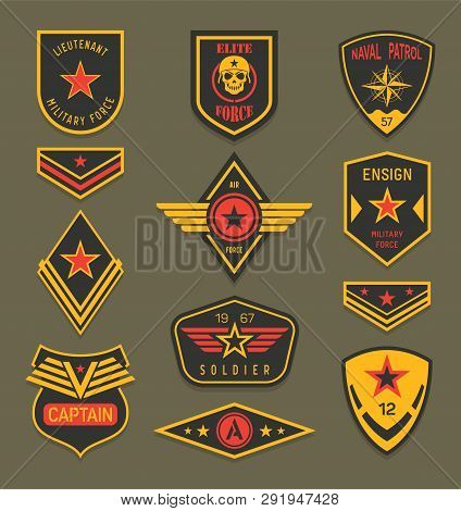 Set Of Isolated Navy Clothing Badges Or Army Apparel Signs, Naval Insignia With Ribbon And Star, Mil