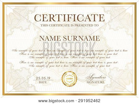 Certificate Template. Gold Border With Guilloche Pattern For Diploma, Deed, Certificate Of Appreciat