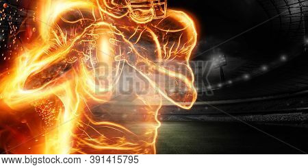 Silhouette Of An American Football Player On Fire On The Background Of The Stadium. Concept For Spor