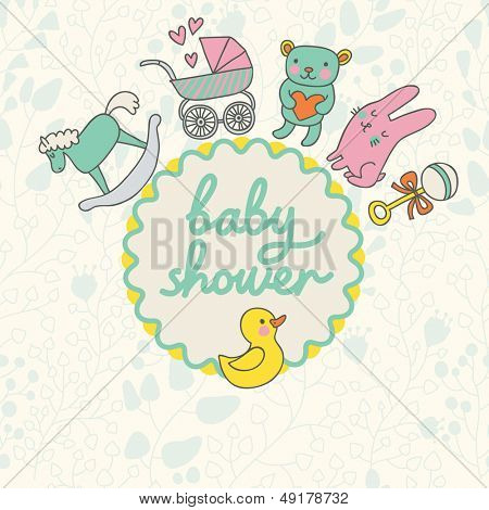 Diseño de tarjeta de la ducha del bebé en vector. Elementos infantiles de dibujos animados en colores elegantes. Fondo de bebé en c