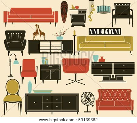 Retro Furniture and Home Accessories, including sofas, love seat, sofa tables, side tables, armchairs, chandeliers and home decoration