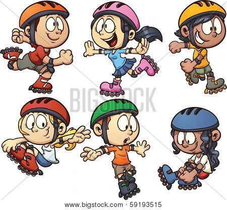 In-line skating kids. Vector cartoon clip art illustration with simple gradients. Each on a separate layer. 