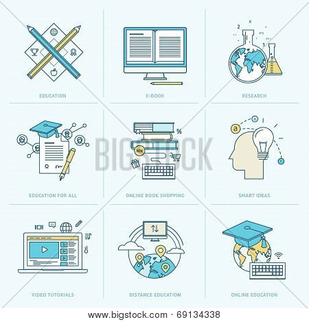 Set of flat line icons for online education