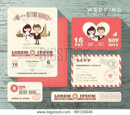 Cute Groom And Bride Couple Wedding Invitation Set Design Template