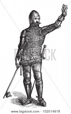 French soldier in armor in 1370, old engraving. Vector, engraved illustration of soldier in armor in the medieval era.