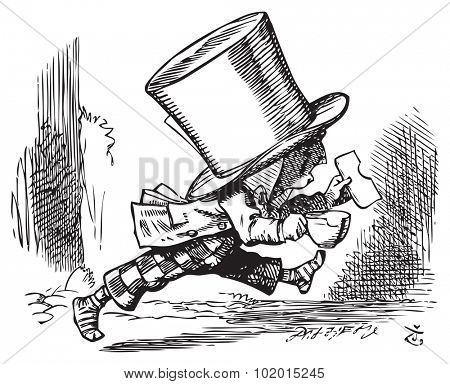 Mad Hatter just as hastily leaves - Alice's adventures in Wonderland original vintage engraving. The Mad Hatter runs out of court in his socks, carrying sandwich and (bitten) teacup.