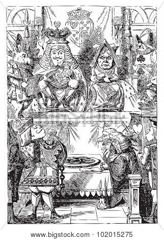 Frontispiece: The King and Queen inspecting the tarts. The plate of tarts is presented for the approval of the King and Queen of Hearts in their throne-room. Alice's Adventures in Wonderland.