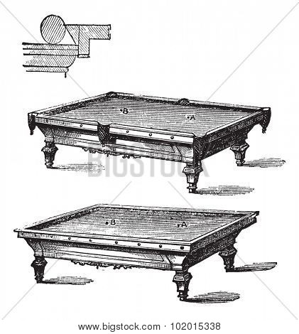 Billiard table and Carom billiards, tables, vintage engraved illustration of Billiard table and Carom billiards, tables, isolated on a white background.