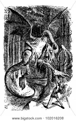 The Jabberwocky - Through the Looking Glass and what Alice Found There original book engraving. Alice is battling the Jabberwocky, swinging her sword.