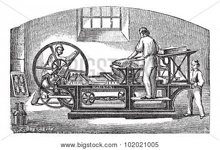 Marinoni printing press, vintage engraving. Old engraved illustration of Marinoni printing press with three workers operating it.  Trousset encyclopedia (1886 - 1891).