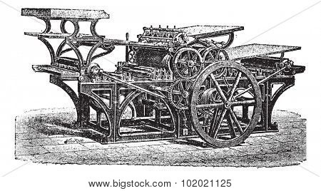 Marinoni  double printing press, vintage engraving. Old engraved illustration of Marinoni double printing press.  Trousset encyclopedia (1886 - 1891).