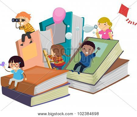 Stickman Illustration of Kids Playing Near Giant Books