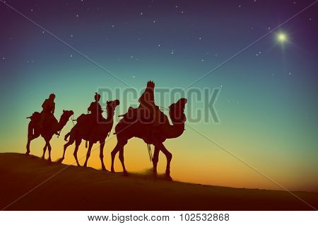 Three Wise Men Camel Travel Desert Bethlehem Concept