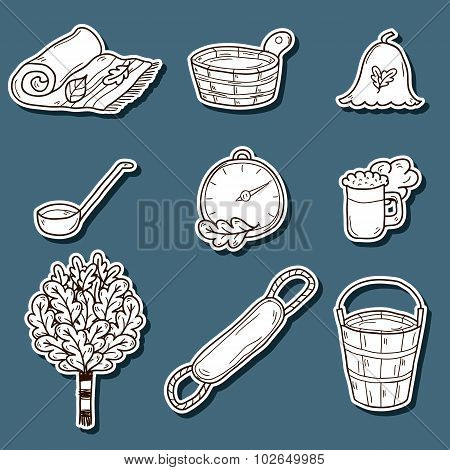 Set of hand drawn sauna stickers: broom, towel, hat, wisp, beer, steam. Relaxation, health care or t