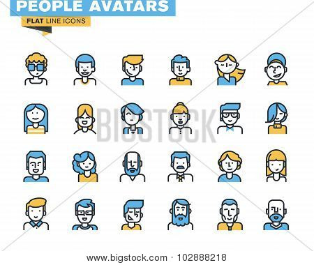 Flat line icons set of people stylish avatars