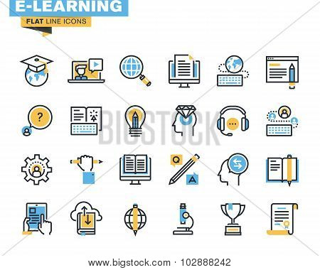 Flat line icons set of e-learning