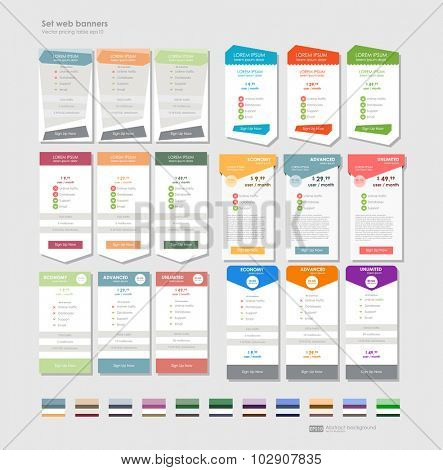 Three tariffs. interface for the site. UI UX vector banner for web app. Set tariffs. interface for the site. Pricing table, banner, order, box, button, list with plan for website.