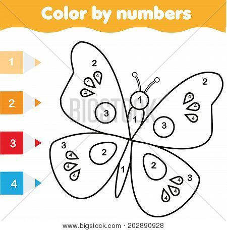 Coloring page with butterfly. Color by numbers educational children game, drawing kids activity, printable sheet