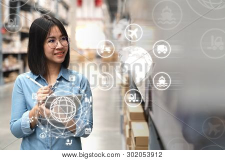 Young Attractive Asian Manager Woman Looking, Picking, Replemishment, Receiving Inventory At Store W