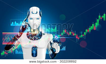 Robot Trading On Stock Market. Artificial Intelligence Of Forex Broker With Analyzing Business Chart