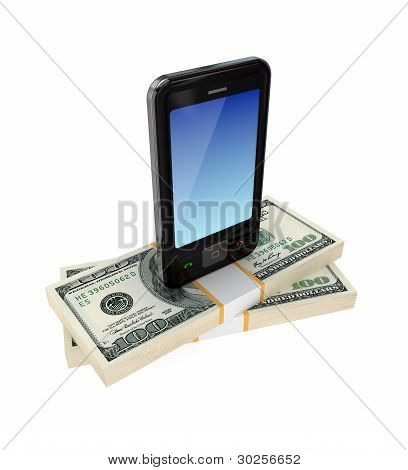 Moderno telefono cellulare e confezioni di dollaro.