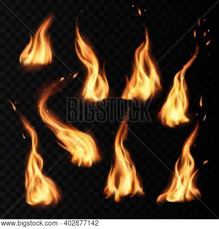 Fire Flames Burning Realistic Icons With Sparks Isolated On Vector Transparent Background. Campfire 