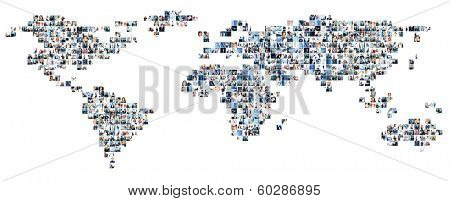 Collage of different business pictures collected as world map. Finance, success, technology, communication, market, time and money concept.