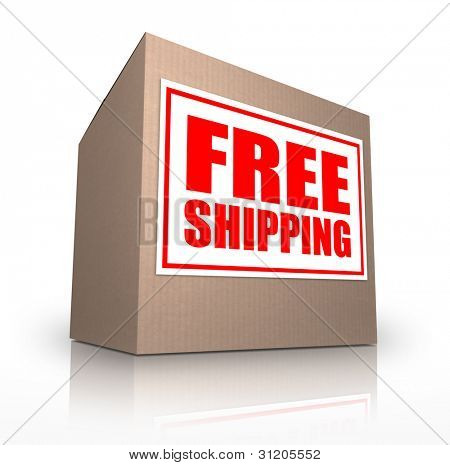 A cardboard box on an angle with a sticker reading Free Shipping telling you that you can ship your ordered merchandise or products for no extra cost from an online store or catalog