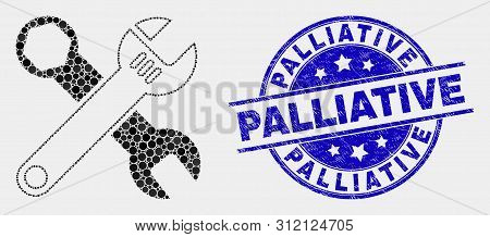 Dotted Wrenches Mosaic Pictogram And Palliative Seal Stamp. Blue Vector Rounded Textured Seal Stamp 