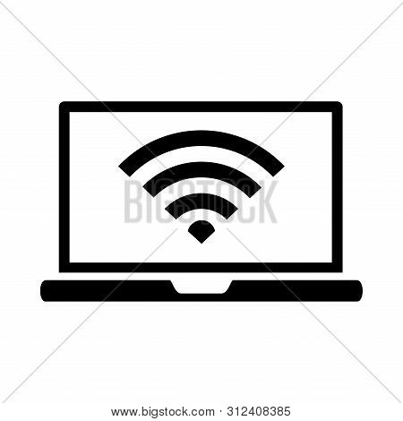 Laptop Screen Icon With Wifi Icon Inside Is Isolated On White Background. Simple Sign Of Laptop Comp