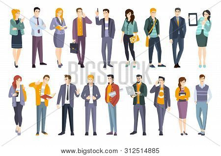 Young Professional Confident People Set. Man And Women Wearing Modern Dress Code Office Clothing Fla