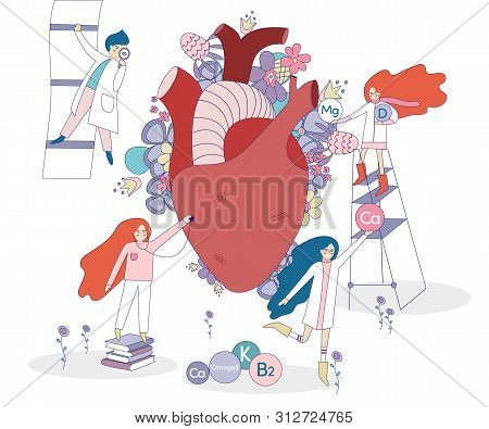 Healthy Heart Vector With Flowers On The Background. Four Doctors And Nurses Looking For The Right V