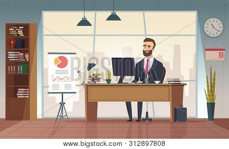 Director Office. Interior Businessman Sitting At The Table Vector Office Cartoon Picture. Office Des