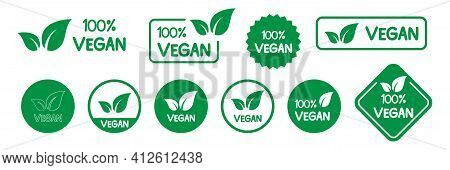 Vegan Icon Set. Organic Food Labels. Fresh Eco Vegetarian Products. Vegan Logo. Vector Illustration