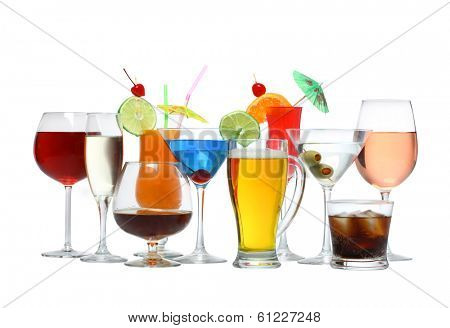 Variety of alcoholic drinks beverages and cocktails cutout, isolated on white background