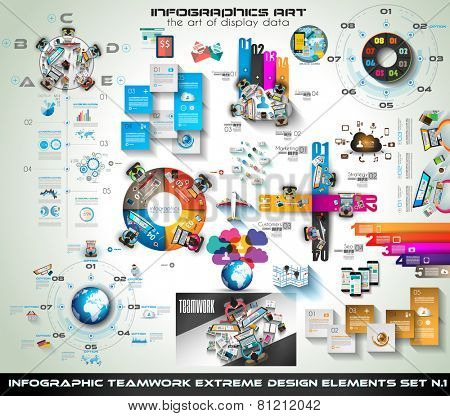 Infographic teamwork Mega Collection: brainstorming icons with Flat style. A lot of design elements are included: computers, mobile devices, desk supplies, stats,graphs, sheets,documents and so on