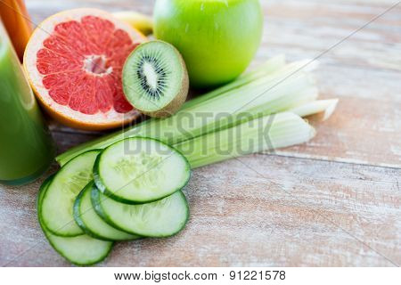 diet, vegetable food, healthy eating and objects concept - close up of ripe fruits and vegetables on table