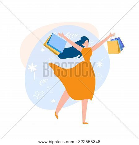 Happy Girl Holding Shopping Bags Flat Cartoon Vector Illustration. Shopaholic After Doing Purchases 