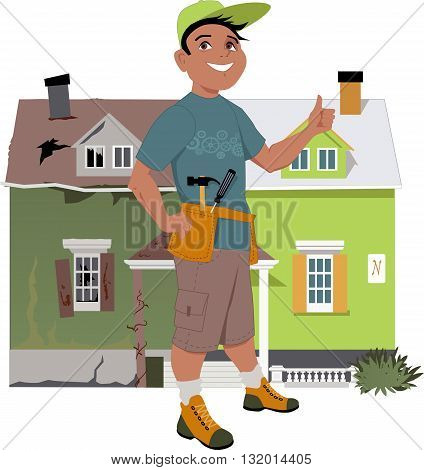 Smiling man giving a thumb up in front of a house, shown before and after renovation, vector illustration, no transparencies