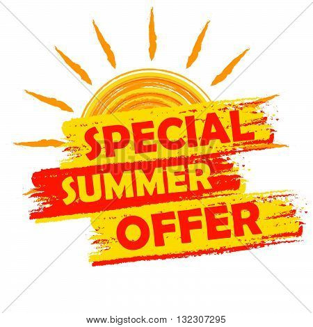 special summer offer banner - text in yellow and orange drawn label with sun symbol, business seasonal shopping concept, vector