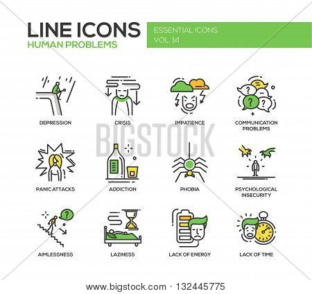 Set of modern vector line design icons and pictograms of common human psychological problems. Crisis, impatience, depression, panic attacs, insecurity, phobia, addictions, aimlessness, laziness, energy, time lack