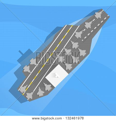 Aircraft carrier with planes on board. Top view, flat. Vector, eps10.