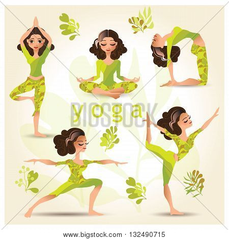 Set with beautiful woman in various poses of yoga. Vector set of yoga illustration. Set of yoga poses. Yoga exercises. Women yoga. Yoga class, yoga center, yoga studio. Yoga poster. Healthy lifestyle.